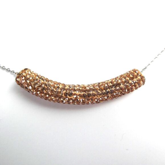 Copper Rose Gold Tone Curved Rhinestone Bar Slide Pendant Silver Chain Necklace - Picture 1 of 9